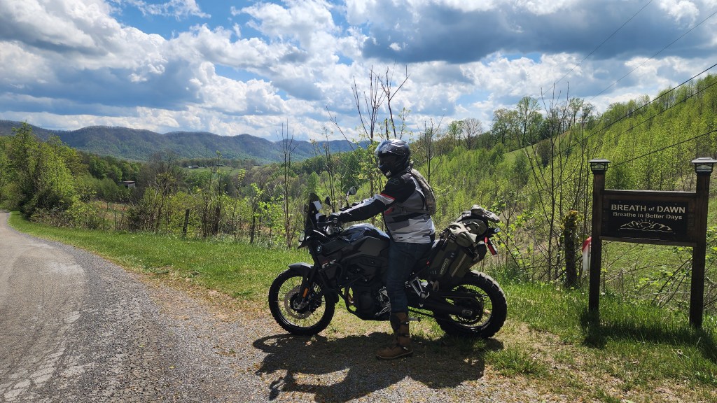 Overlanding motorcycle parked at Breath of Dawn VA farmstay Southwest Virginia